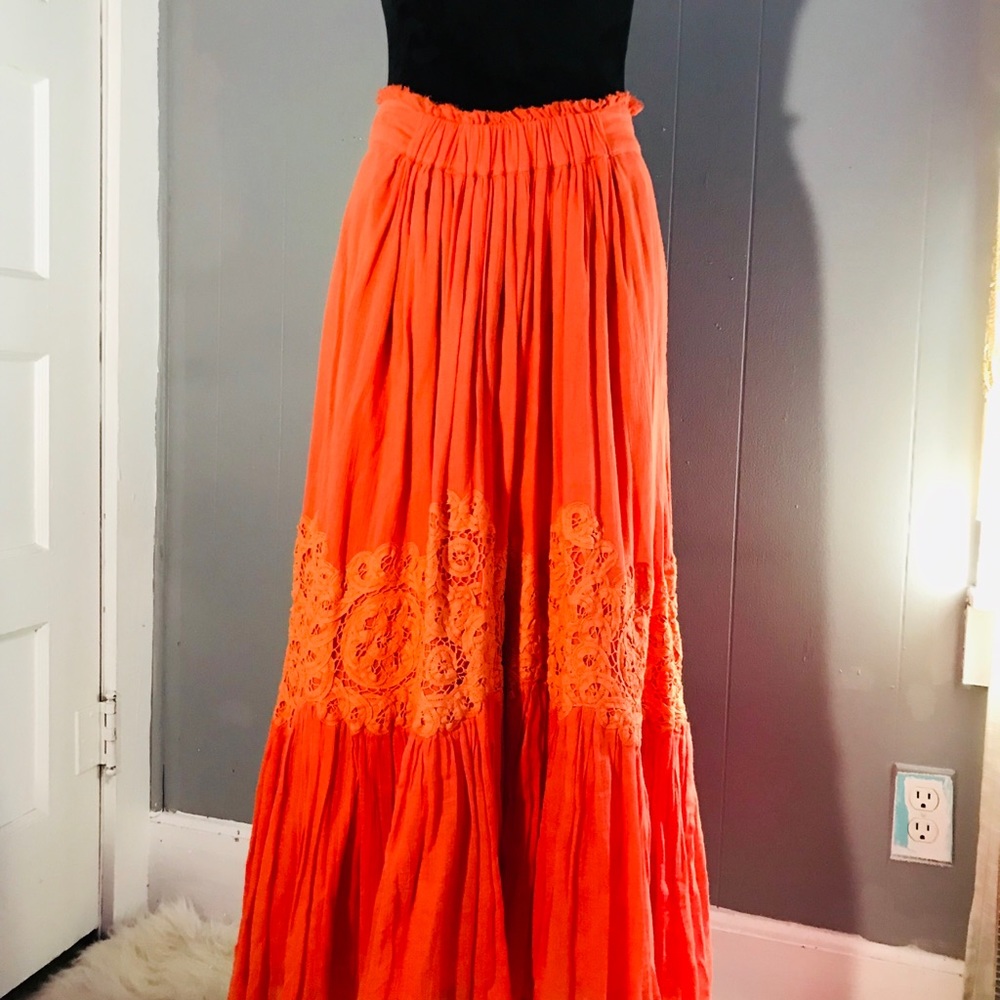 Orange/Coral Floor/Ankle Length Anthropology Skirt